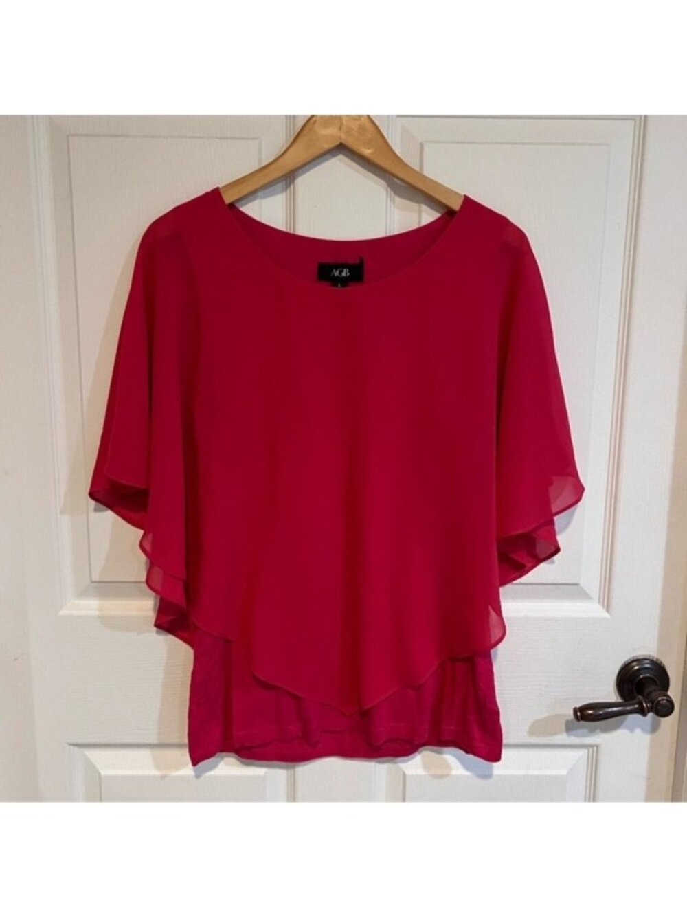 AGB Blouse Womens Large Pink Chiffon Layered Sheer Overlay Dressy Top Flowing